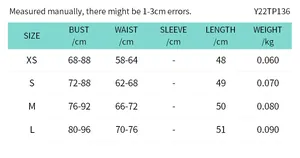 Detailed size chart for women's slim fit backless top with chest and waist measurements