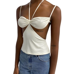 Women's white halter crop top with sexy cutout design and twist front detailing