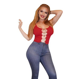 Women's red ribbed crop top with heart metal rings and cut-out front design