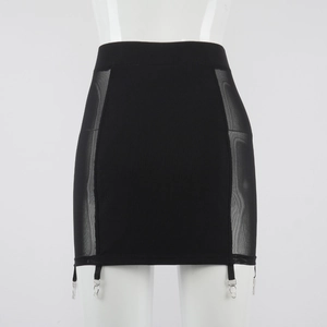 Detail of black mini skirt featuring side mesh panels and four functional metal garter clips
