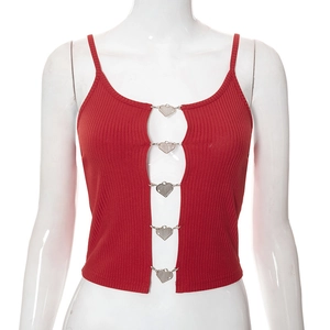Close-up of red ribbed crop top featuring vertical silver heart-shaped metal connectors