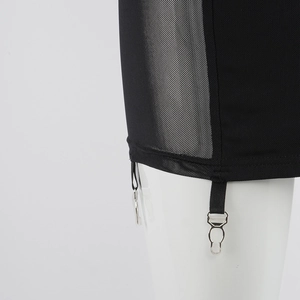 Detail showing sheer black mesh fabric with silver metal clips and elastic straps