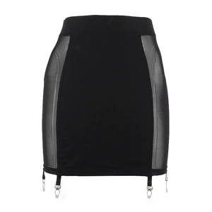 Detail of black mini skirt featuring sheer mesh panels and metallic garter clip buckles