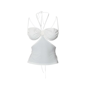 Detailed view of white halter crop top featuring waist cut-out and ruched bust design