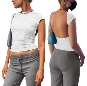 Detail view of women's white slim fit top featuring a low back cutout and crew neck design