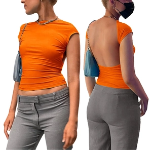 Front and back view of orange slim fit backless top with cutout detail and round neck