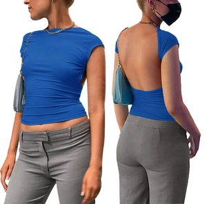 Detailed views of electric blue backless slim fit top with cutout design for women