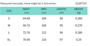 Size chart showing waist, hips, and length for women's padded thermal casual pants