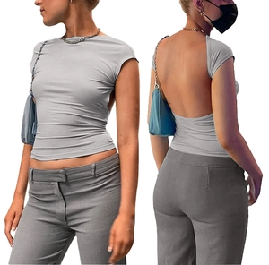 Detail of grey backless slim fit top showing the deep open back design and ribbed fabric texture