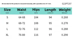 Size guide for women's solid casual pants S-XL showing waist and hip measurements