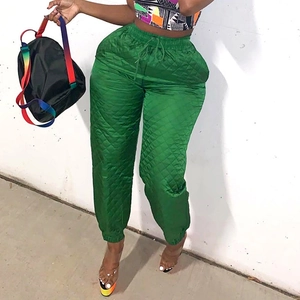 Women green quilted high waist joggers with drawstring waist and elastic cuffs
