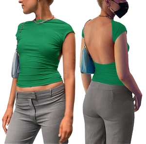 Detail view of women's backless green slim-fit top with a deep V-cut open back design