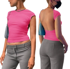 Front and back view of a slim fit hot pink backless T-shirt with deep U-shape design
