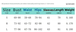 Detailed size chart for long sleeve cutout bodycon dress with S M L measurements