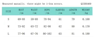 Detailed size chart for the solid color long sleeve cutout bodycon mini dress