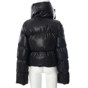 Rear view of black glossy puffer jacket with a high stand-up collar and quilted texture