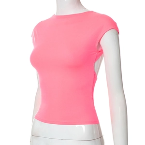 Macro detail of high-elasticity neon pink sleeveless top with stylish side cutouts