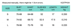Size chart for women's two-piece crop top showing S, M, L dimensions and measurements