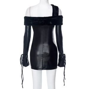 Detailed back view of a black faux leather mini dress with fur trim and ruched sleeves