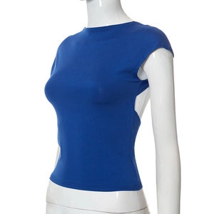 Detail of bright blue slim fit top featuring hollow out backless side cut-out design