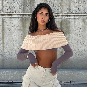 Detail of off-shoulder long sleeve crop top with contrast knit ribbing and slim fit