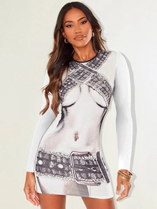 Abito Mini Aderente a Maniche Lunghe da Donna Elastico Stampa Trompe L'oeil Girocollo Slim Fit Casual Party Clubwear Bianco