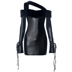 Detail of black PU leather dress featuring a faux fur collar and adjustable drawstring cuffs
