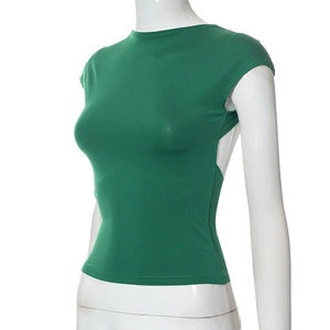 Detail view of emerald green backless cutout slim fit top on white mannequin
