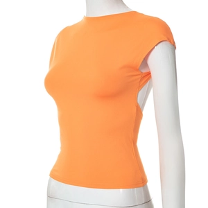Close-up of bright orange slim fit tank top with side seam detail on a white mannequin