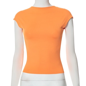 Detail of slim fit bright orange backless top with short sleeves and ribbed texture