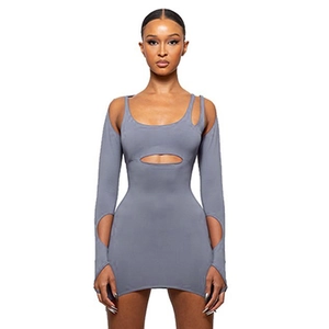 Detail view of grey long sleeve bodycon dress with cut-out design on shoulder and chest
