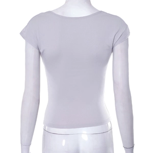 Detail view of light purple ribbed slim fit top featuring an open back design for women