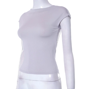 Detail view of light purple slim fit short sleeve top with delicate ribbed texture