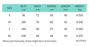 Size chart for women's slim fit padded jacket showing bust and sleeve measurements