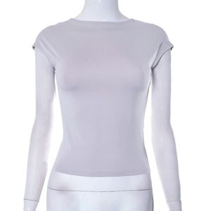 Front view of a slim fit light gray short sleeve top with a crew neck and soft fabric