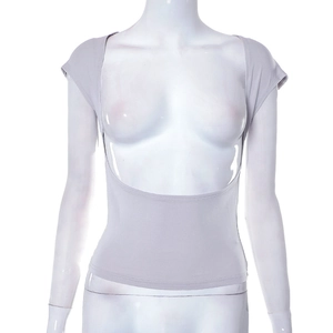 Detail of light grey low U-neck backless crop top featuring slim fit stretchy fabric