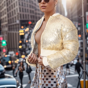 Detailed close-up of shiny gold sequins and white ribbed trim on the crop jacket