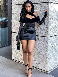 Women Faux Leather Mini Dress Black Asymmetrical One Shoulder Faux Fur Trim Bodycon Sexy Party Dress With Long Gloves