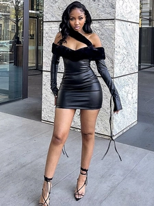 Chic black faux leather bodycon dress with fur trim collar and matching long gloves