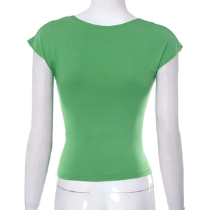 Detail view of the back of a slim fit green short sleeve top with cap sleeves