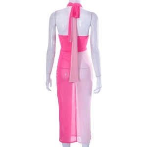 Rückansicht eines Mesh-Kleides mit Neckholder in Pink und langen Bändern am Rücken