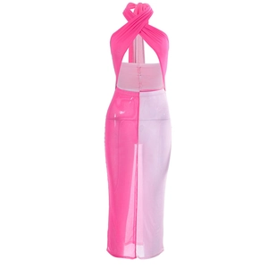 Zweifarbiges Neckholder-Maxikleid aus Mesh in Rosa mit rückenfreiem Schnitt und Slim Fit