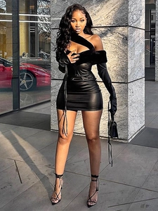 Women's black bodycon faux leather mini dress with fur trim and chic cutout detail