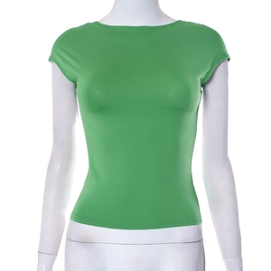 Close-up of grass green slim fit knit top with ribbed texture and straight neckline