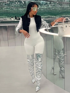 Damen PU-Leder Baseballjacke in schmaler Passform mit Langarm und Druckknopfverschluss