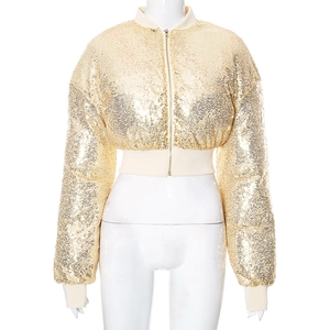 Detail of champagne gold sequin texture on short bomber jacket with ribbed cuffs