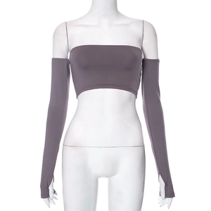 Detail view of charcoal gray two-piece tube top set with matching long arm sleeves