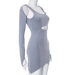 Detail of light grey cut-out bodycon dress with matching long sleeves and unique waist cutout