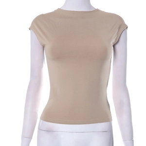 Detail of khakhi slim fit short sleeve T-shirt with double needle stitching on neckline
