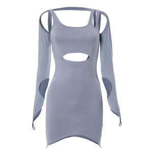 Detail of blue-grey bodycon dress featuring hollow-out waist and long sleeves with finger loops